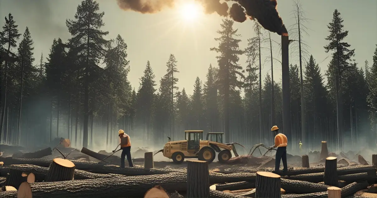 A dense forest being cleared with heavy machinery, depicting deforestation.